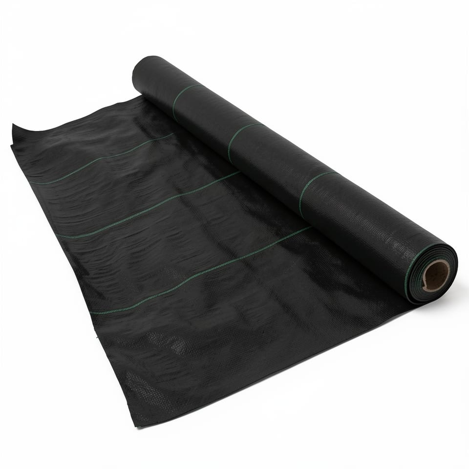A roll of black landscaping fabric on a white background.