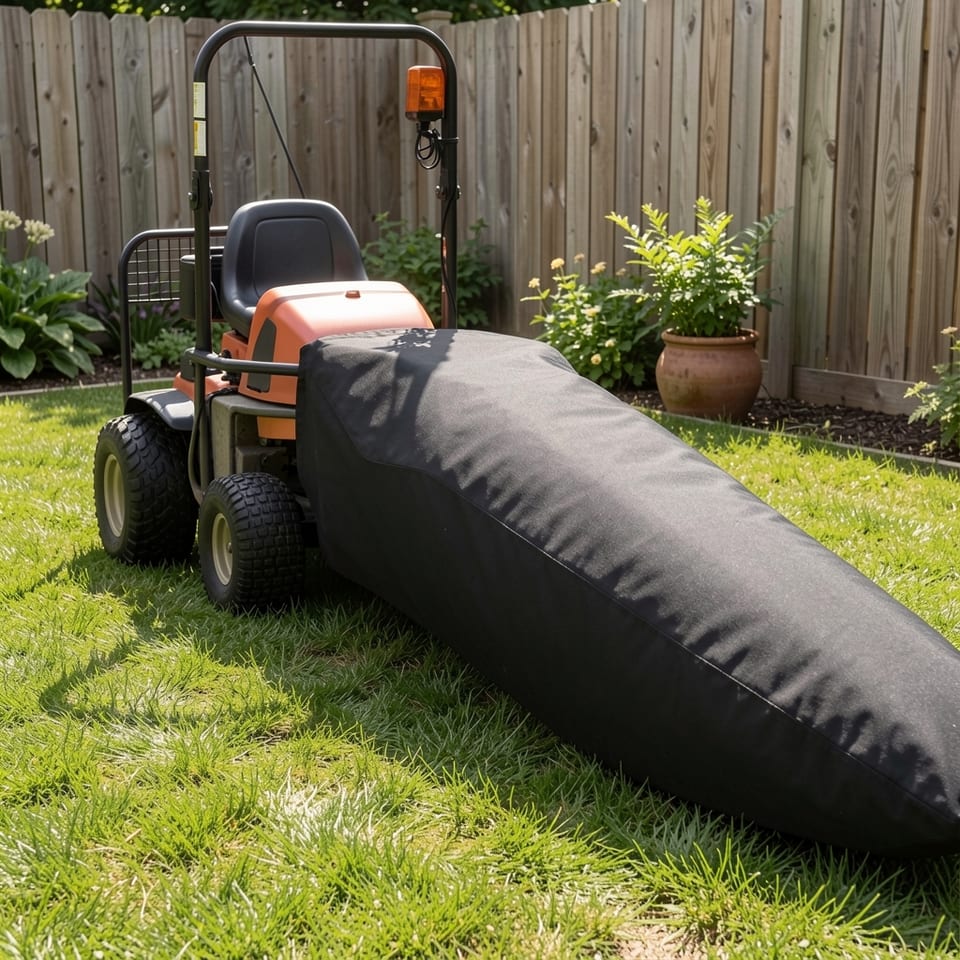 Lawn tractor leaf bag in use on a yellow ride-on mower in a green lawn