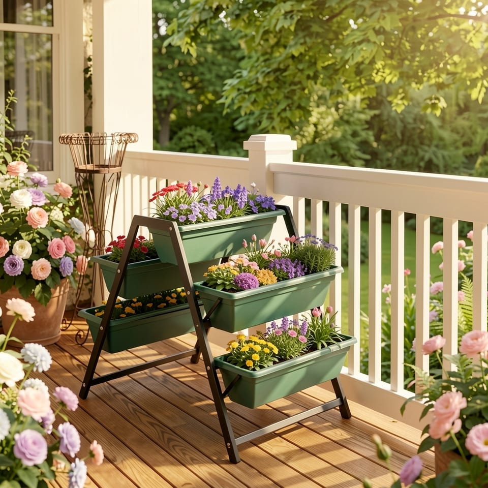 A green, five-tiered flower pot with colorful flowers on each tier