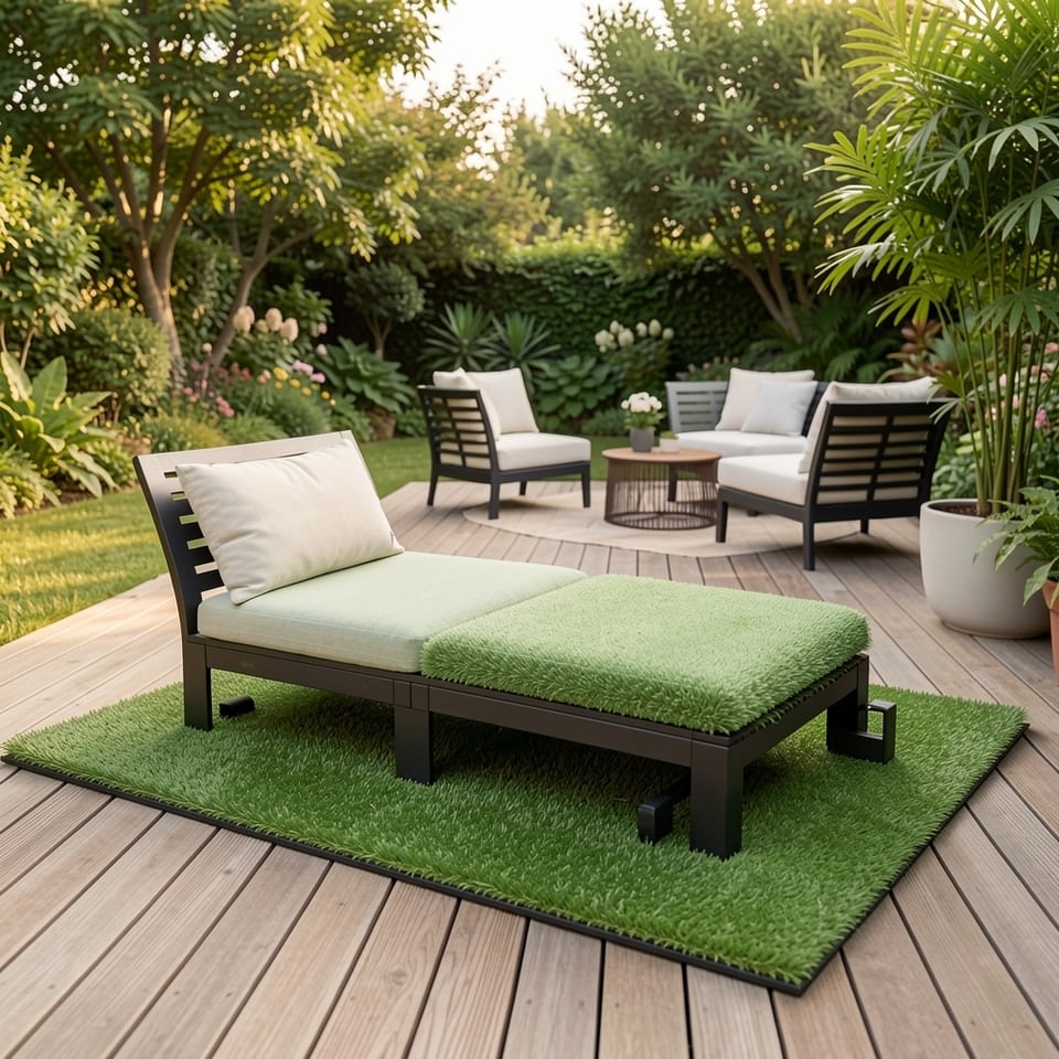 Artificial grass tiles connected by green plastic clips