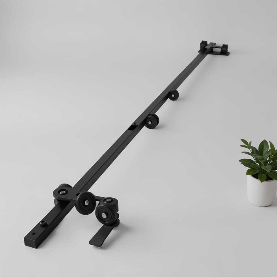 Bi-fold sliding barn door hardware track kit with two white doors