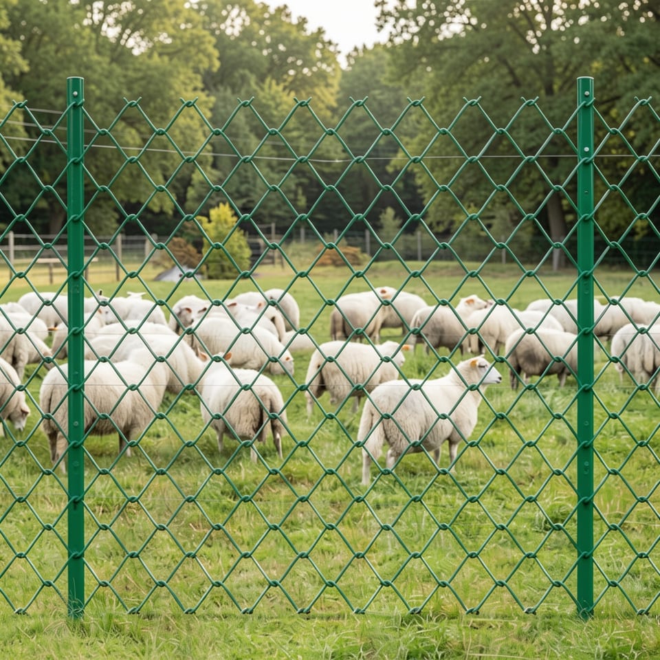 Green metal fence posts with clips and zipper ties on a grassy lawn