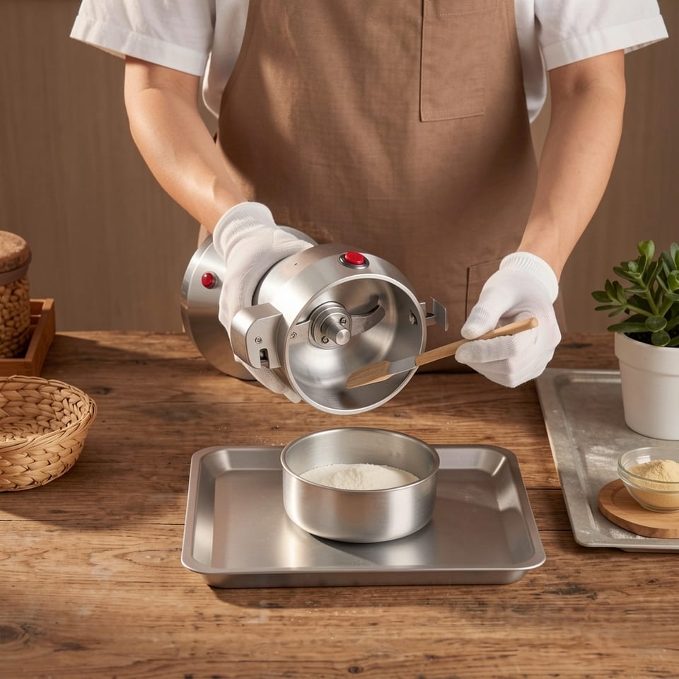 A stainless steel grain mill grinder on a kitchen counter with various grains and powders