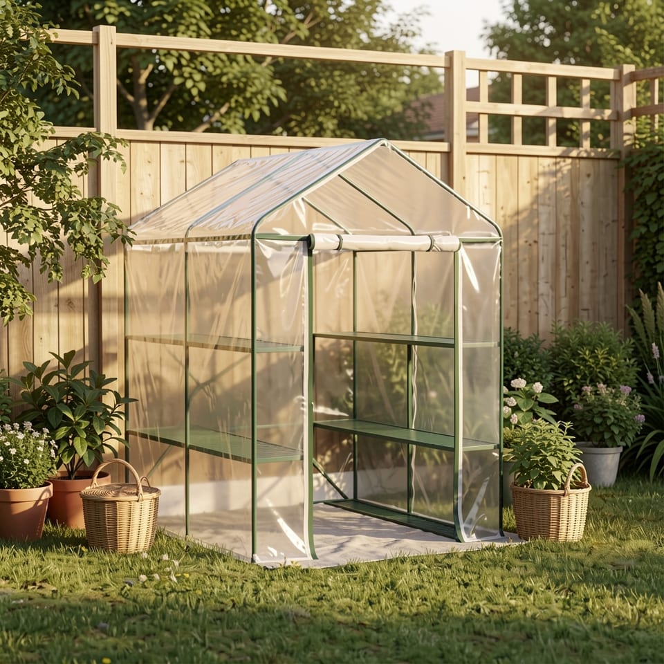 Portable mini walk-in greenhouse kit with clear plastic cover and steel frame