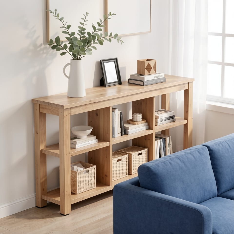 Light wood console table with books and white vase