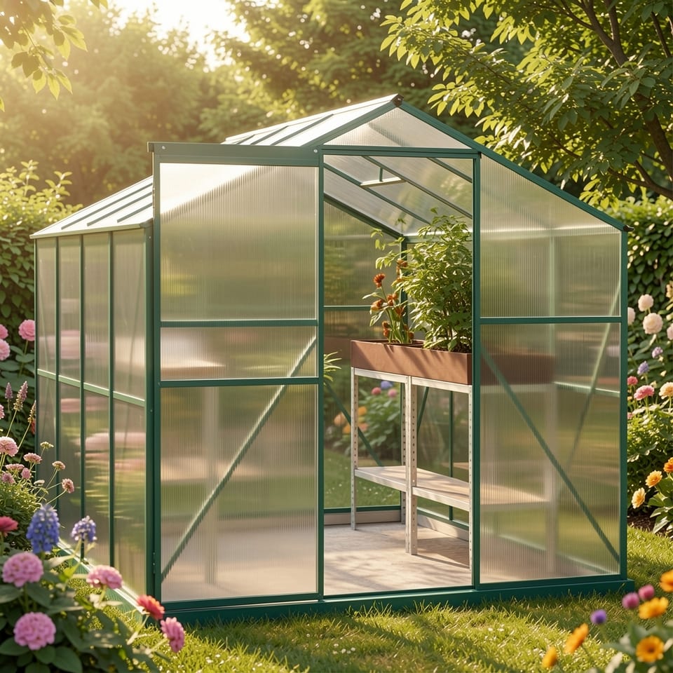 Polycarbonate greenhouse in a garden setting