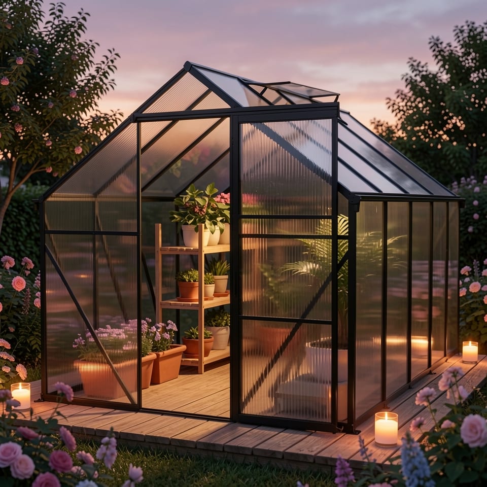 Polycarbonate greenhouse with black frame on wooden deck