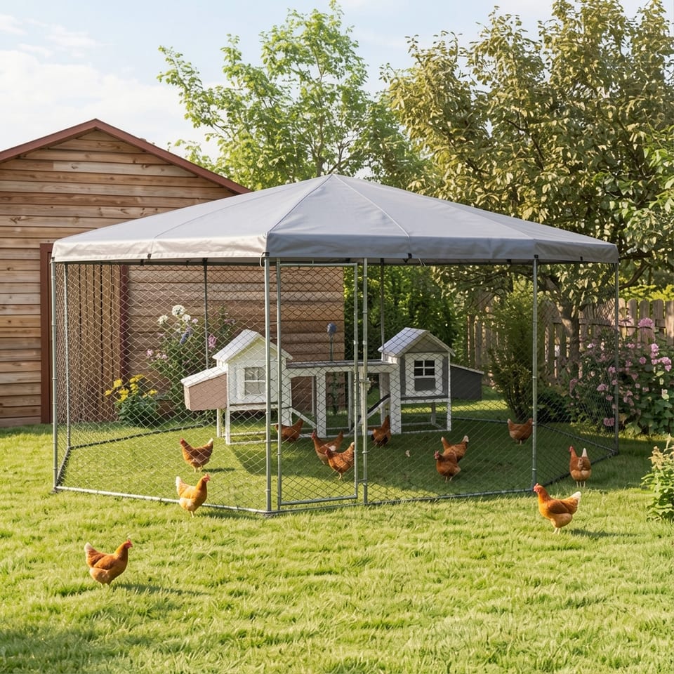 Large metal chicken coop with waterproof cover