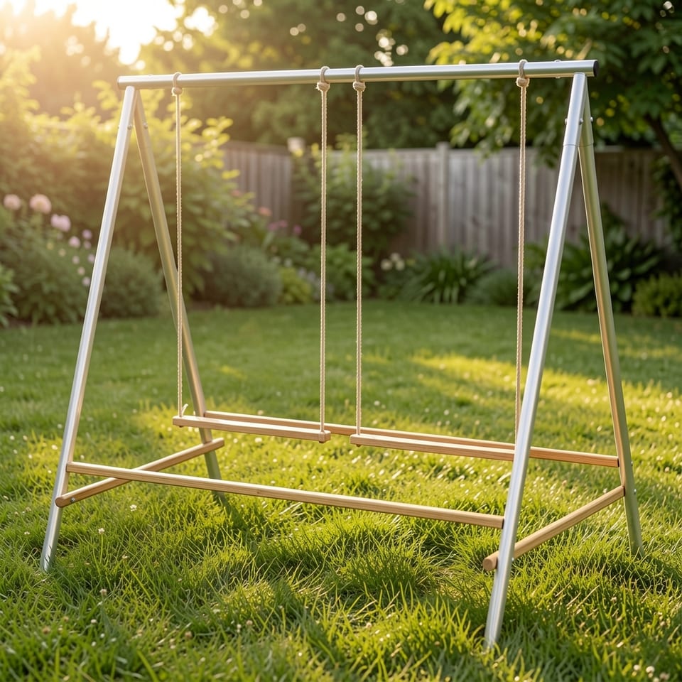 Chicken activity centre with swings and perches in a backyard