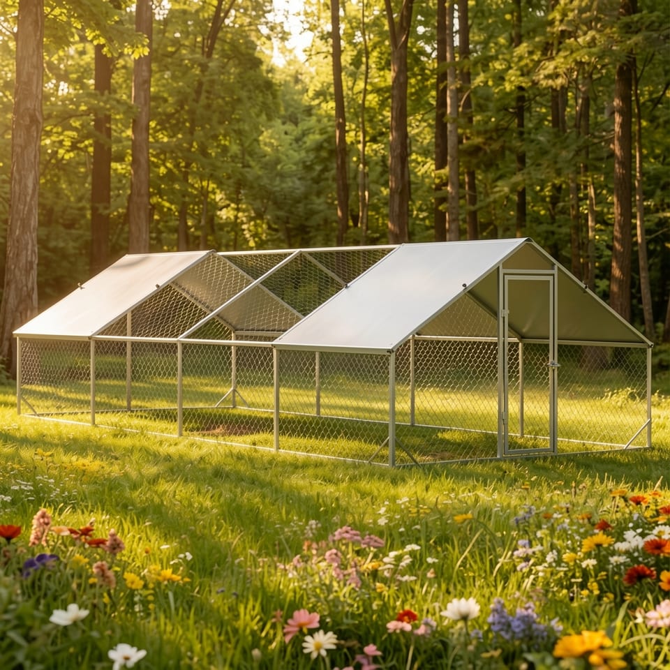 Large metal chicken coop with grey roof in a grassy field with flowers