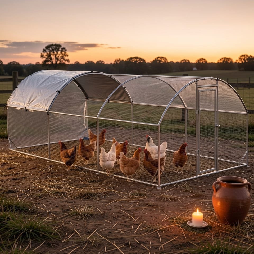 Large metal chicken run with waterproof cover and chickens inside