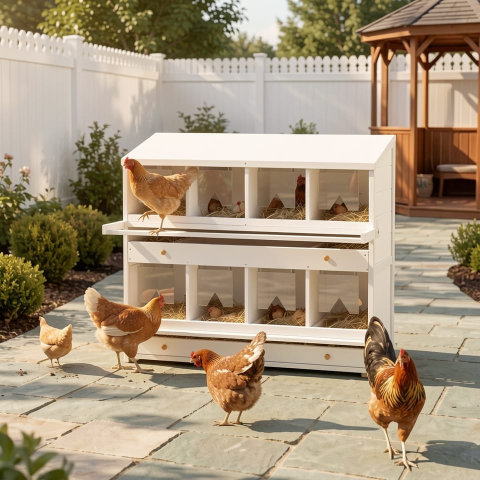 Wooden chicken nesting box with 8 compartments and V-shaped curtains