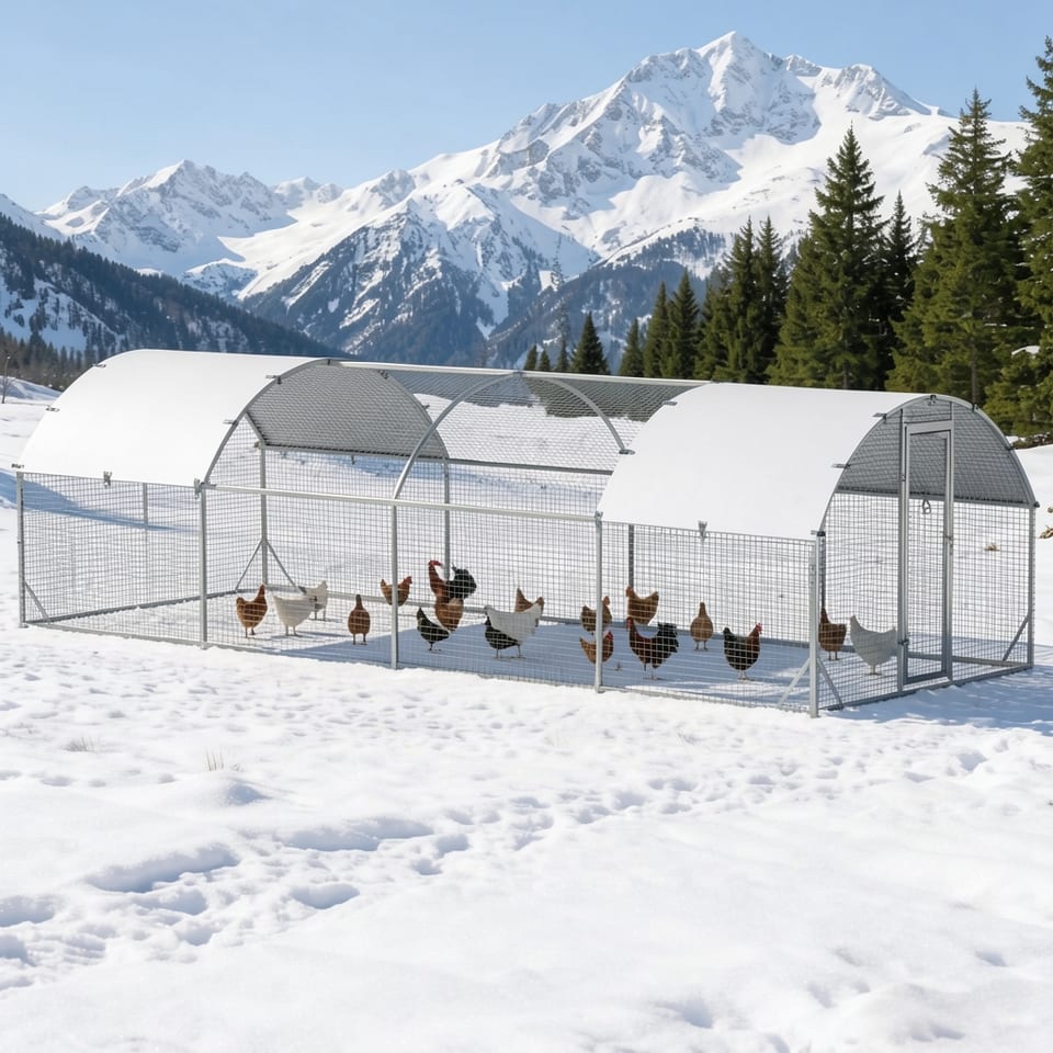 Large metal chicken coop in snowy yard with chickens inside