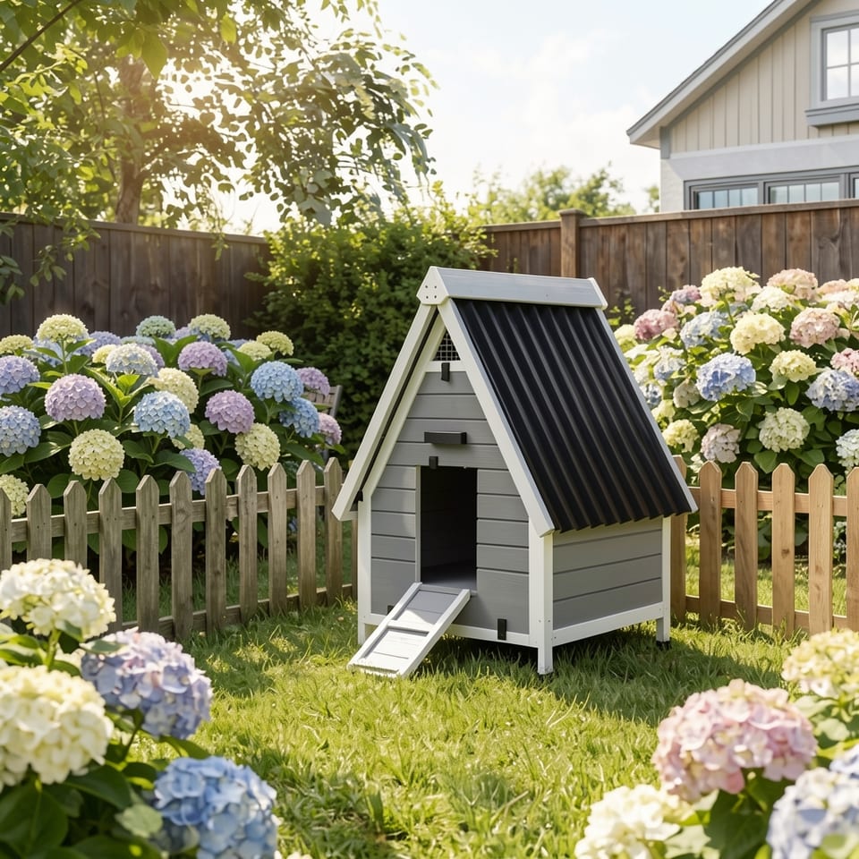 A gray and white wooden chicken house with a black roof