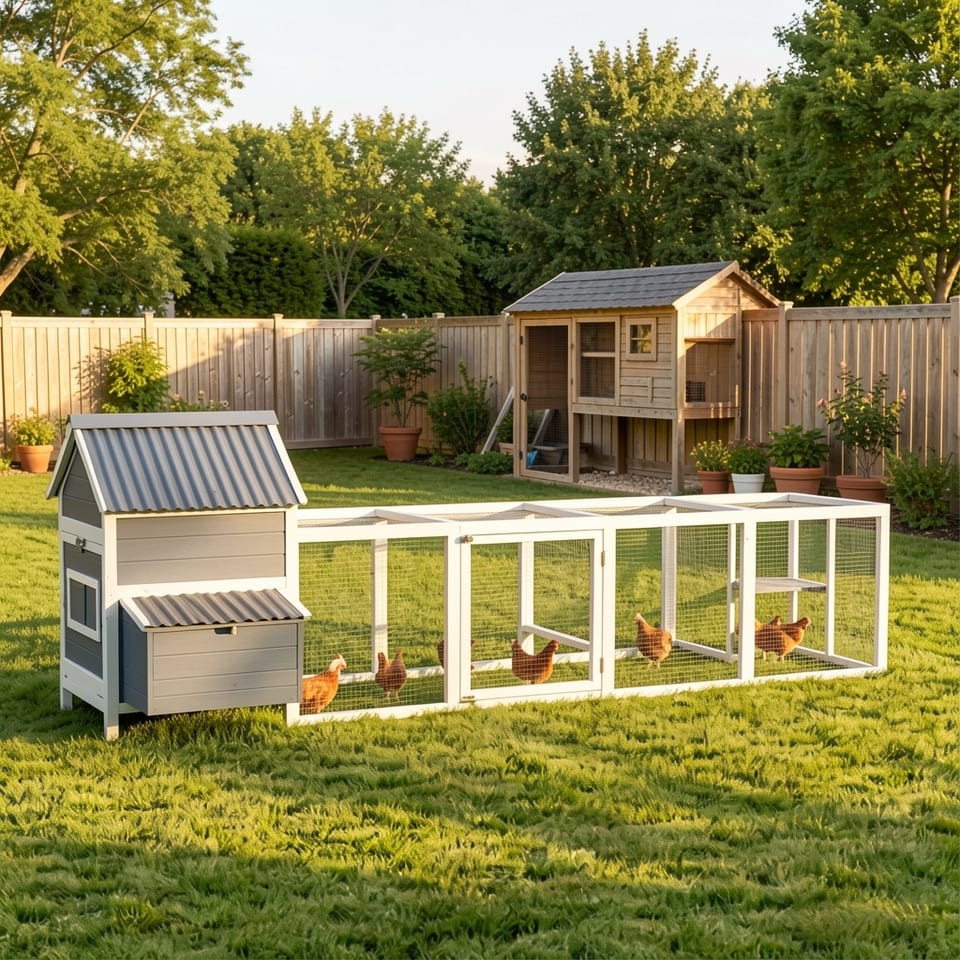 Extra large wooden chicken coop with run enclosure in a park