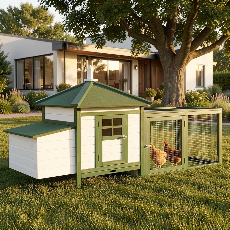 Green and white chicken coop with run