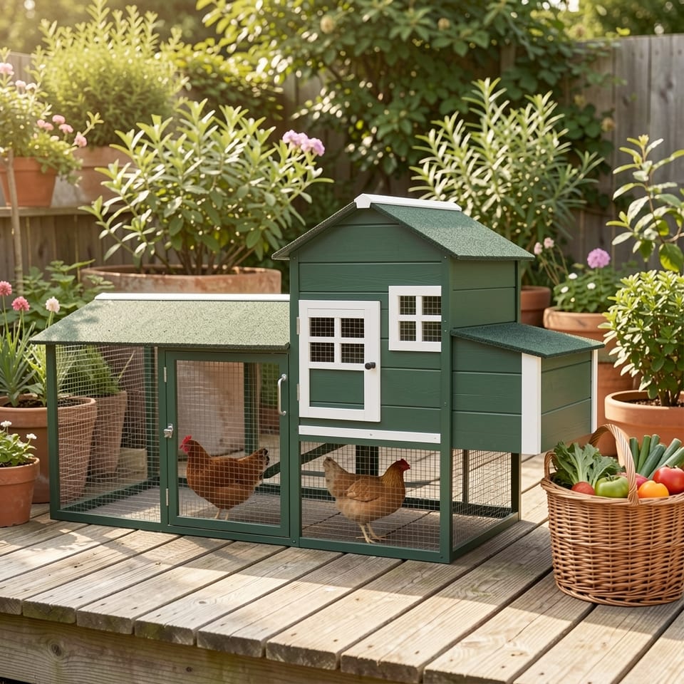 Green chicken coop with run and nesting box in a field of flowers