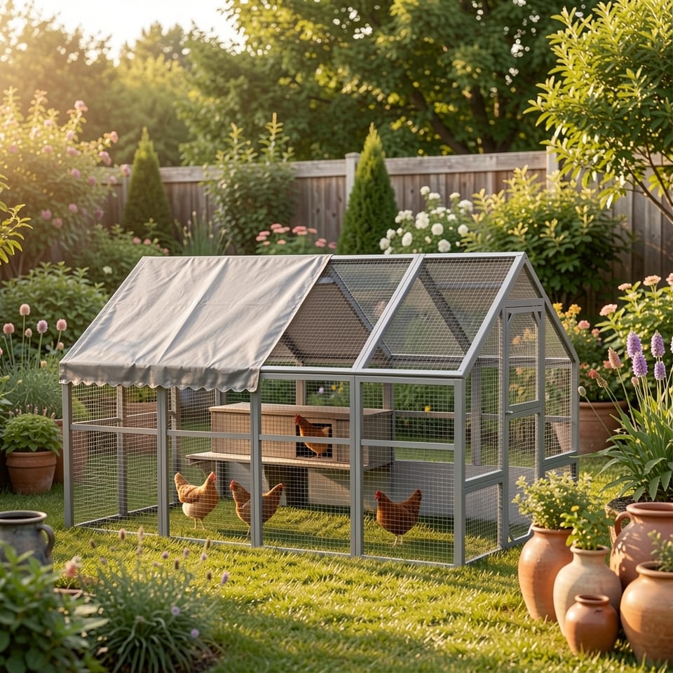 Large gray chicken coop with mesh sides and a peaked roof in a grassy field with chickens inside