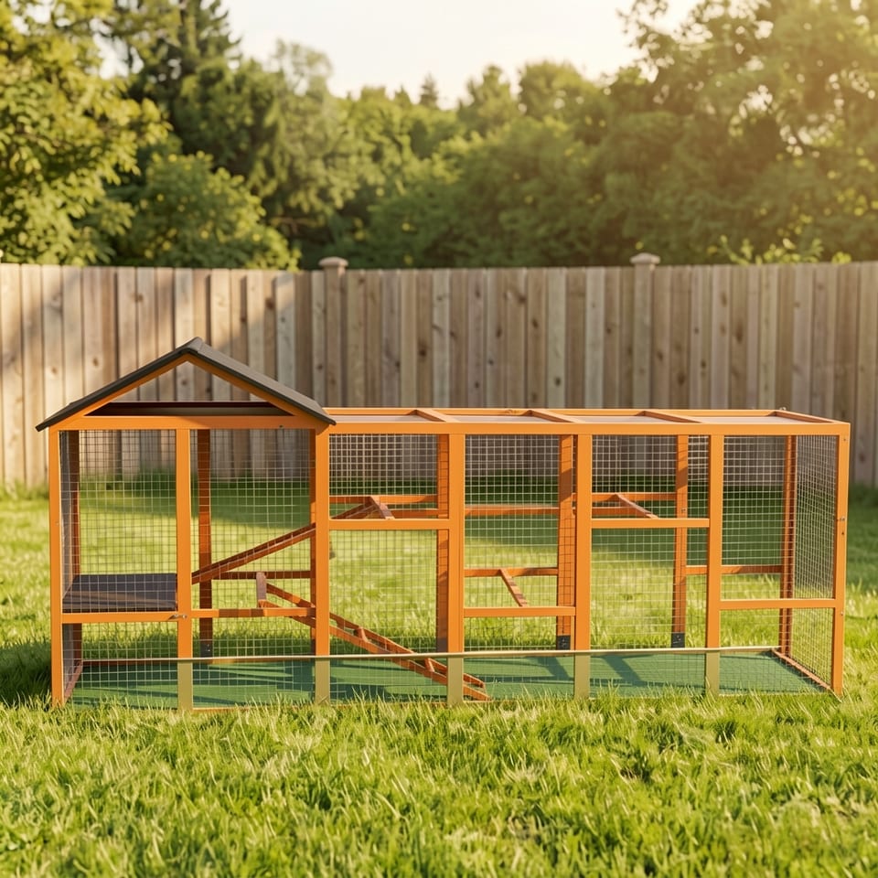 Large orange chicken coop with black roof on green grass