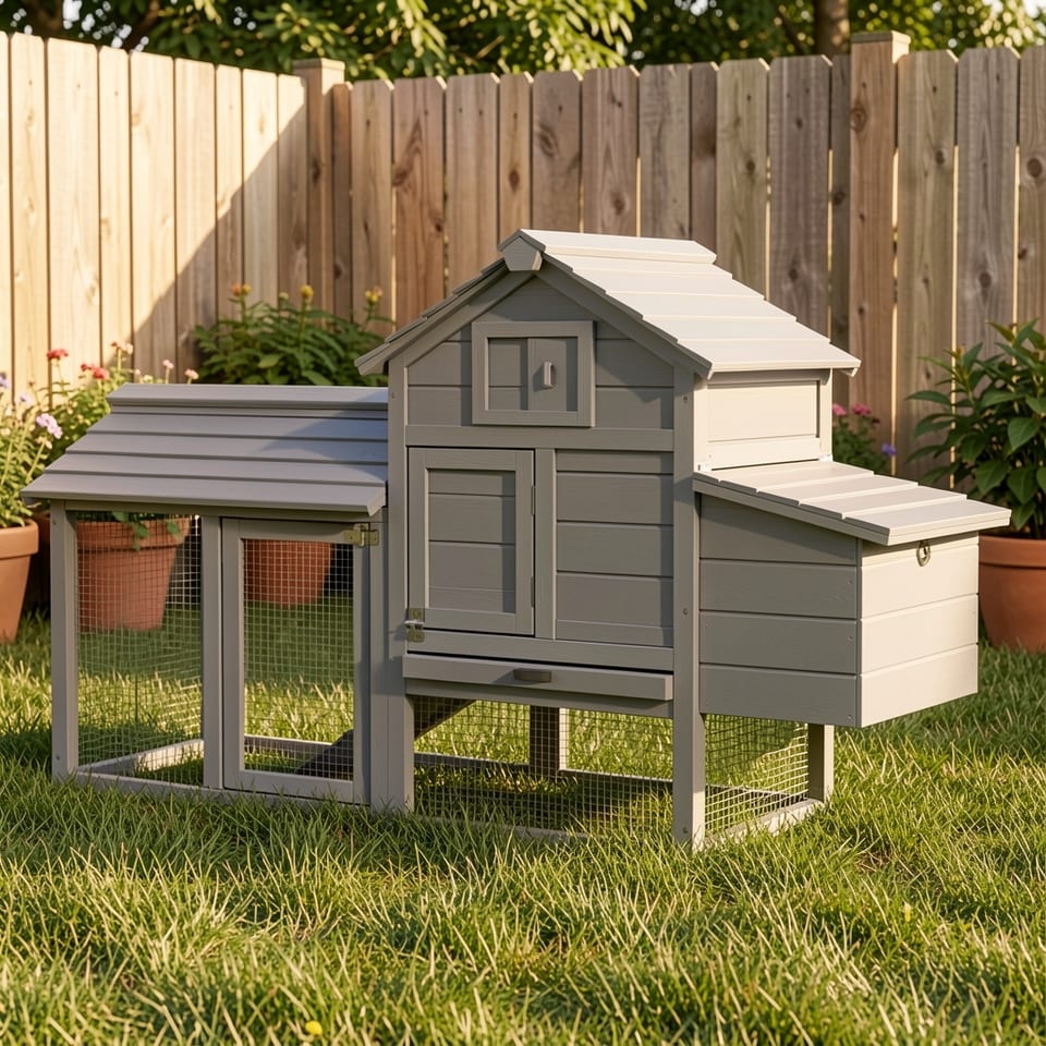 Gray wooden chicken coop with multiple entrances and nesting box