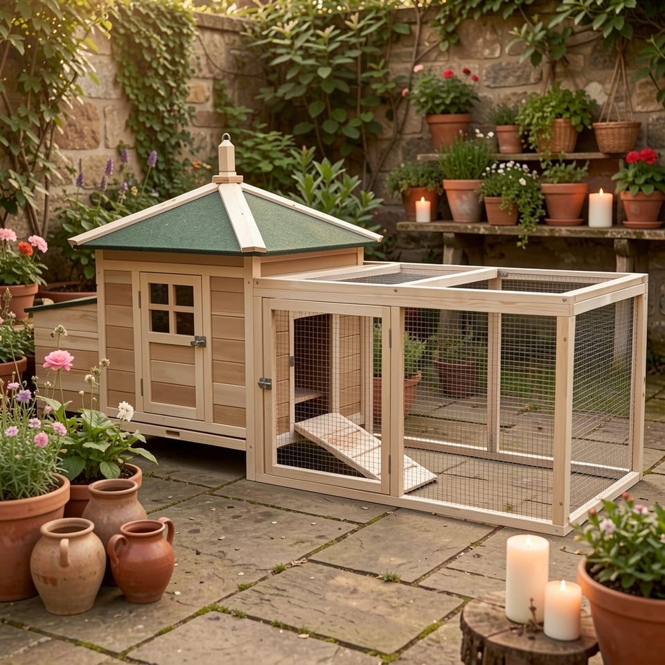 Wooden chicken coop with green roof and lockable doors