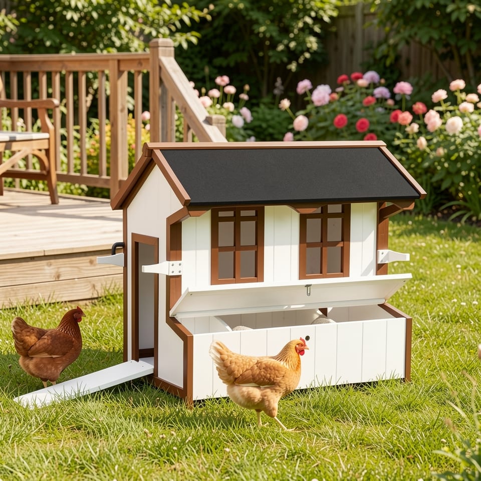 Wooden chicken coop with white and brown finish, black roof, and nesting box.