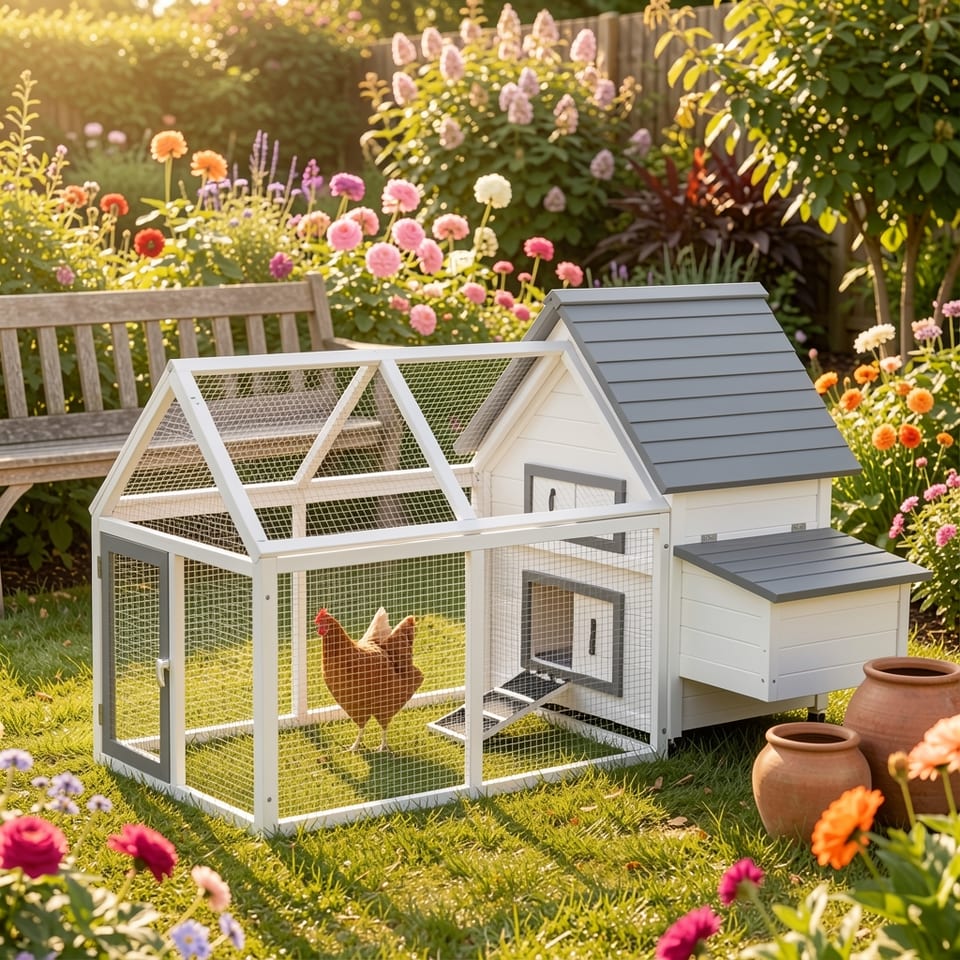 White wooden chicken coop with gray roof and run