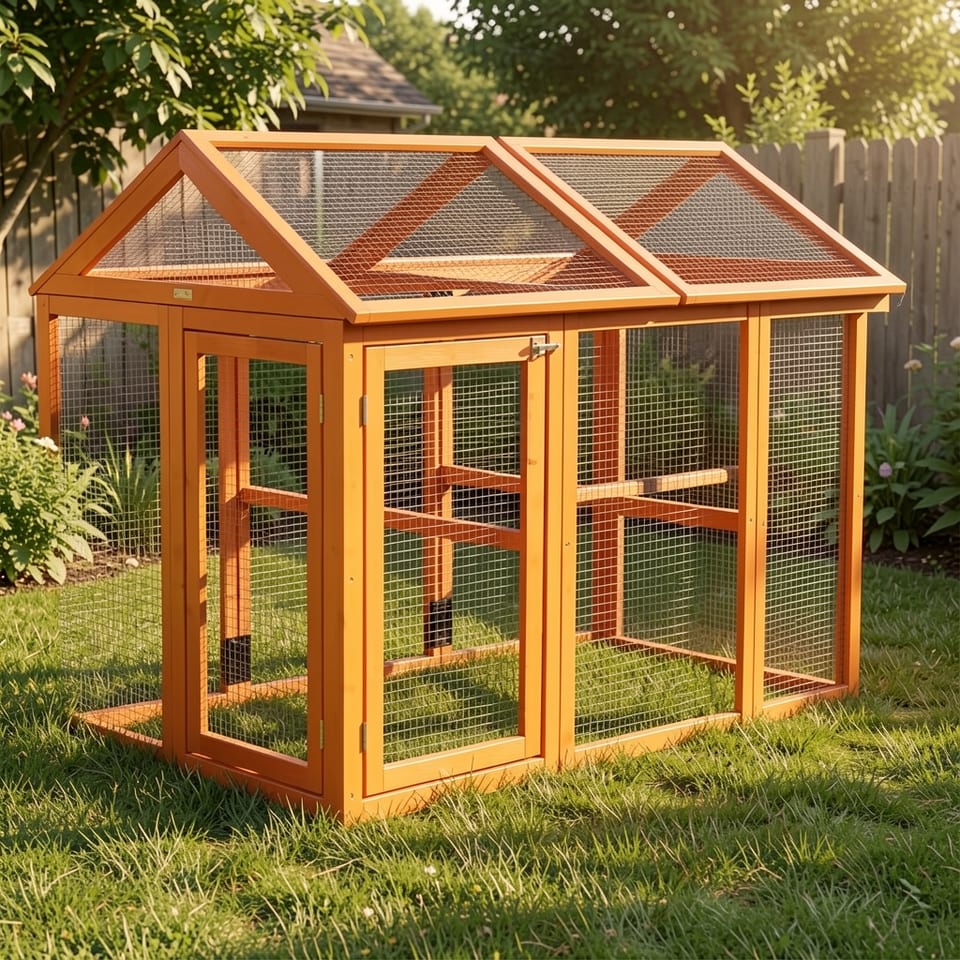 Close-up of the orange-painted wooden frame and wire mesh of a chicken coop