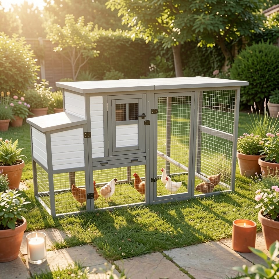 Large gray chicken coop with white siding and wire mesh enclosure on green grass