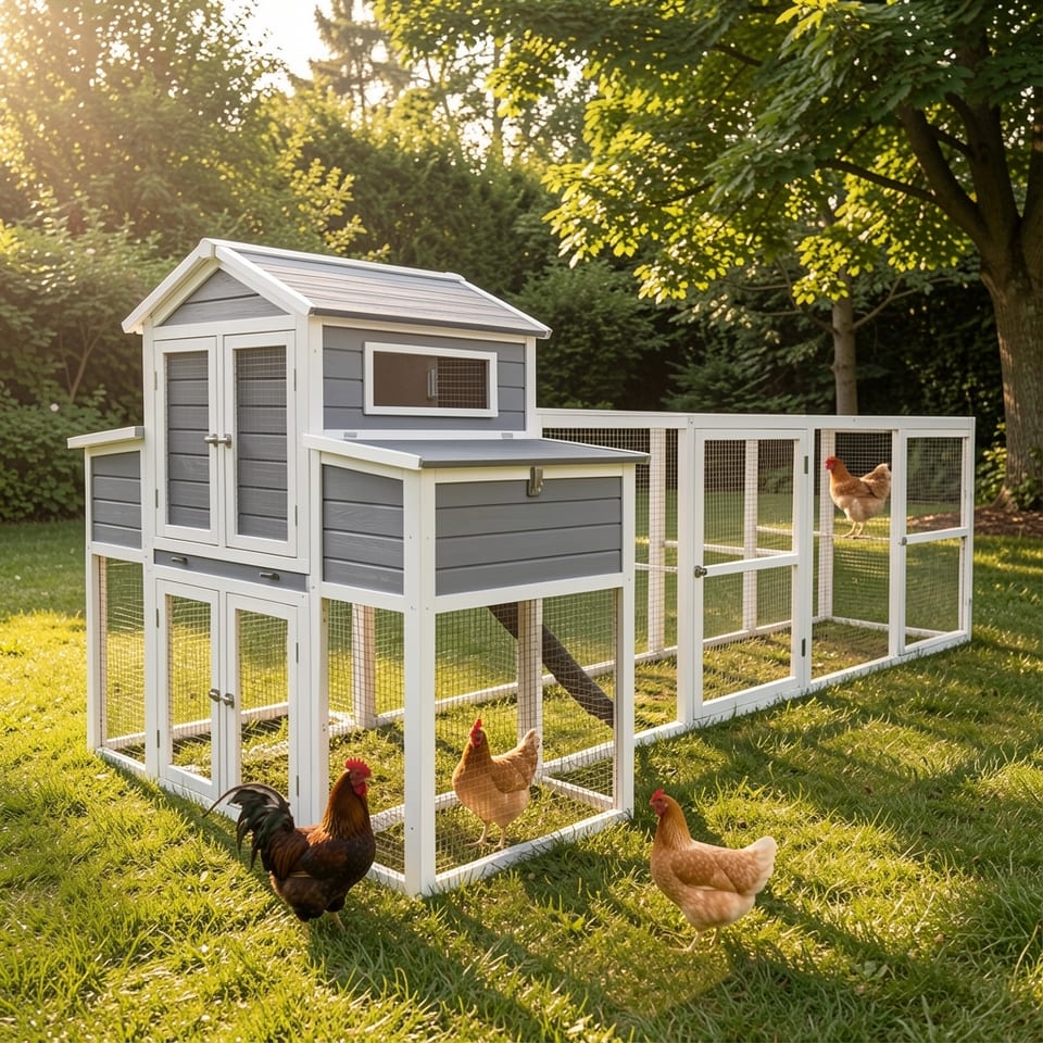 Large white chicken coop with grey roof and chickens inside
