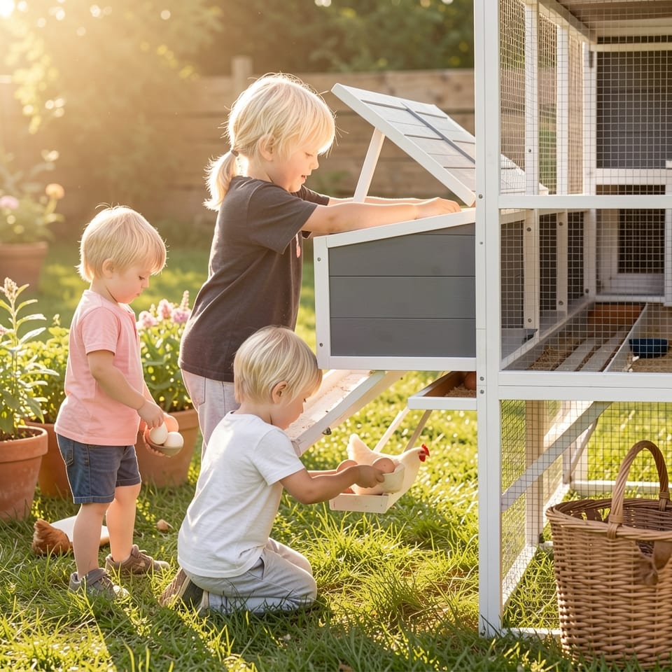 Large walk-in chicken coop with run and nesting boxes in a garden
