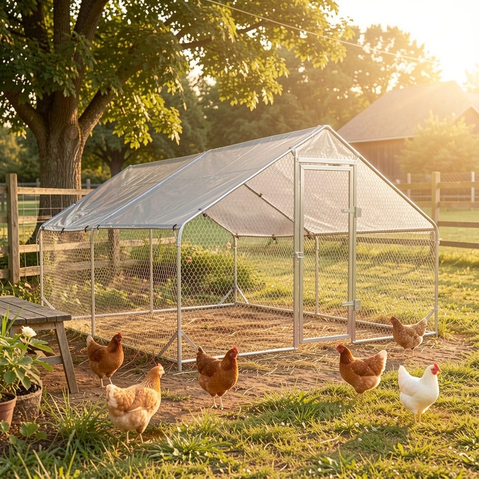 Large metal chicken coop with waterproof cover