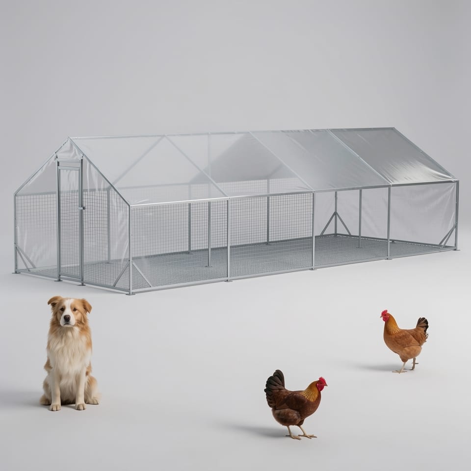 Large metal chicken coop with walk-in run and waterproof cover