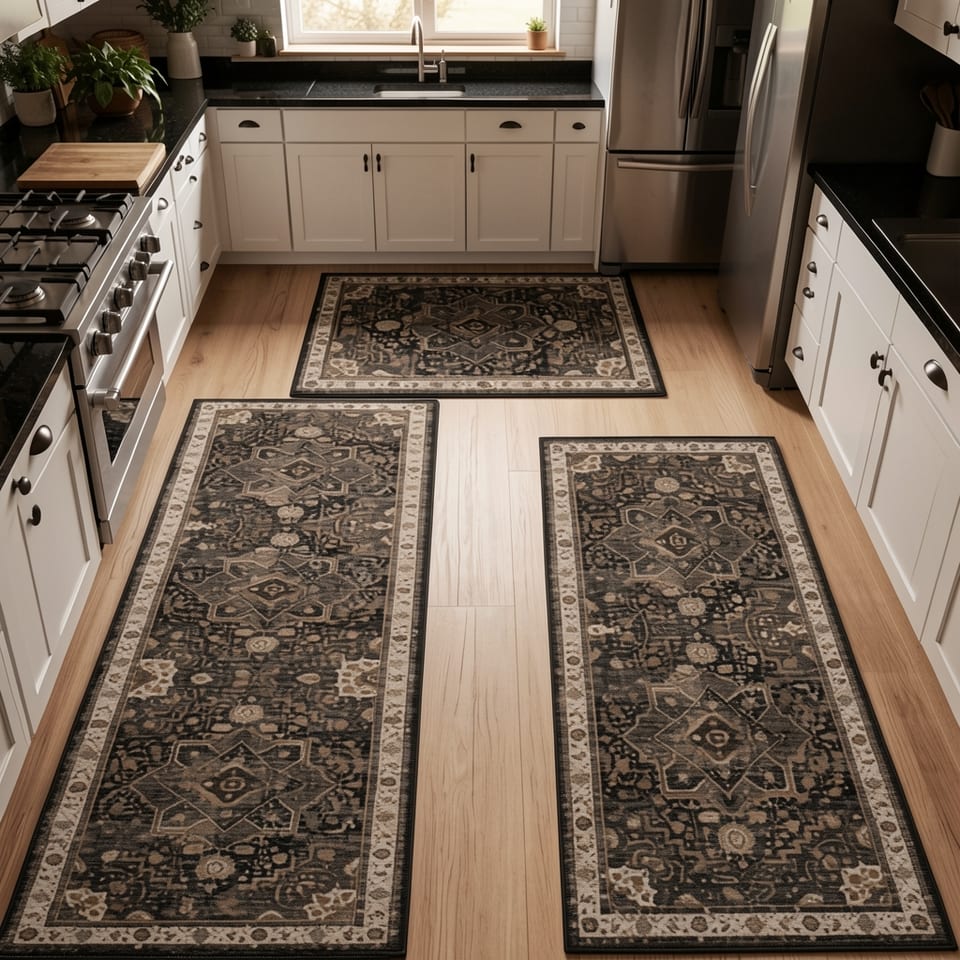 Boho kitchen rug set of 3 on a light wood floor in a modern kitchen