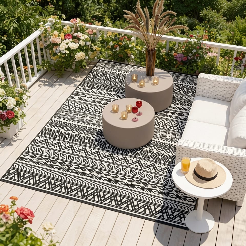 Reversible outdoor rug in a cozy living room with a chair and coffee table