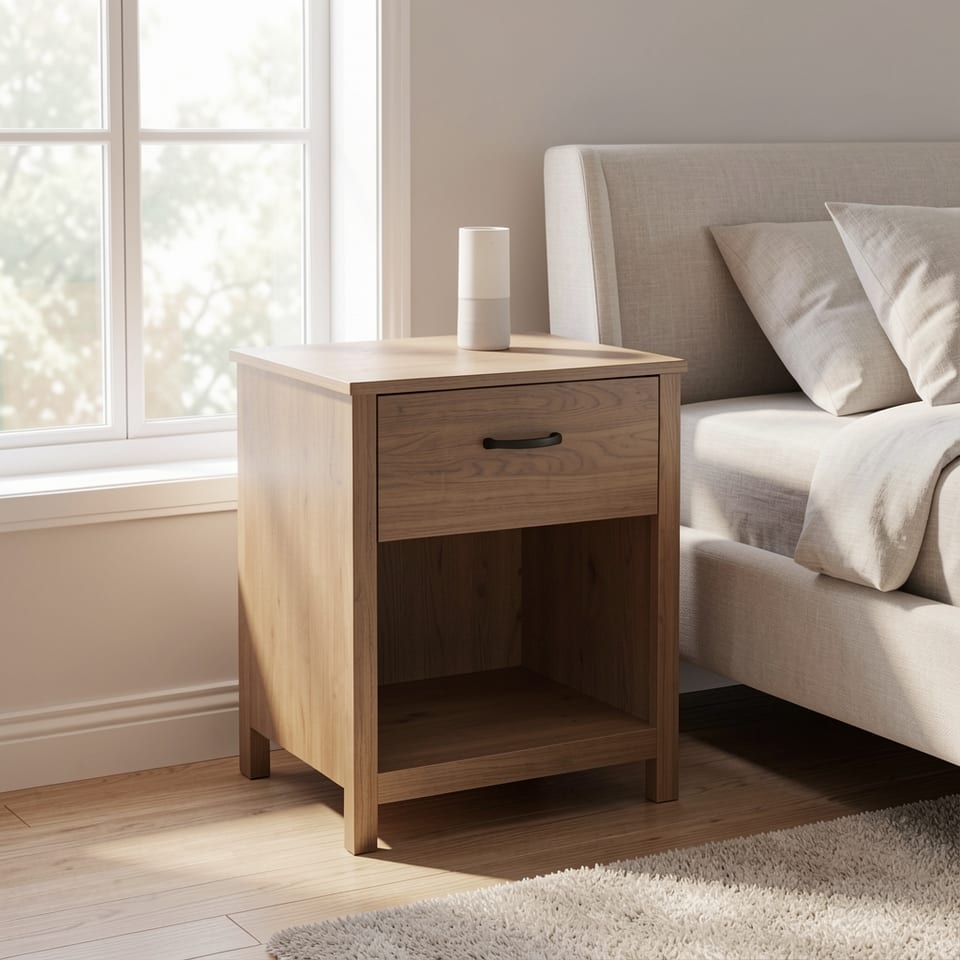 Light wood nightstand with one drawer and open shelf beside a bed