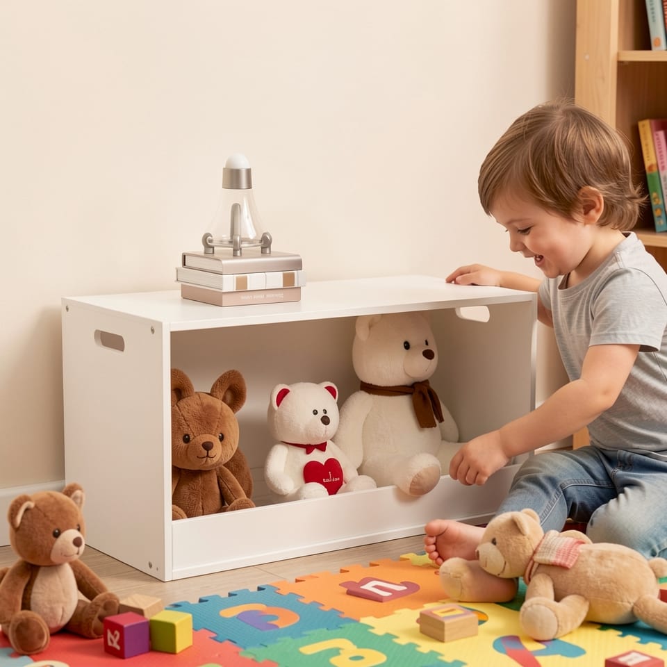 White wooden toy storage box with plush toys inside on a shelf