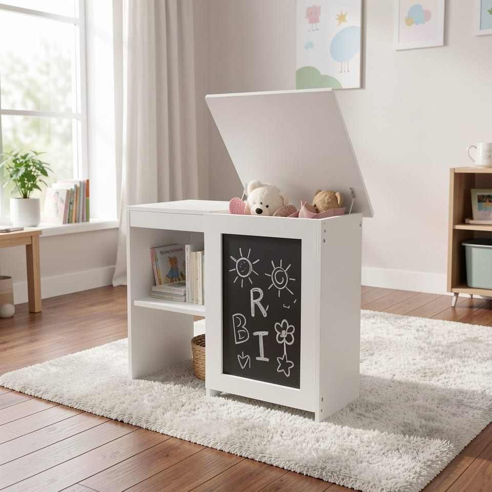 White 3-in-1 kids bookshelf with chalkboard and storage