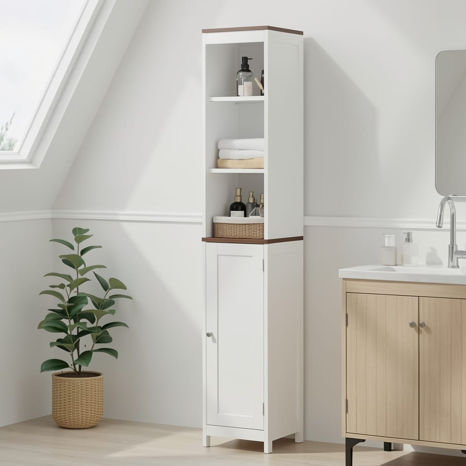 Tall white bathroom storage cabinet with open shelves and enclosed cabinet