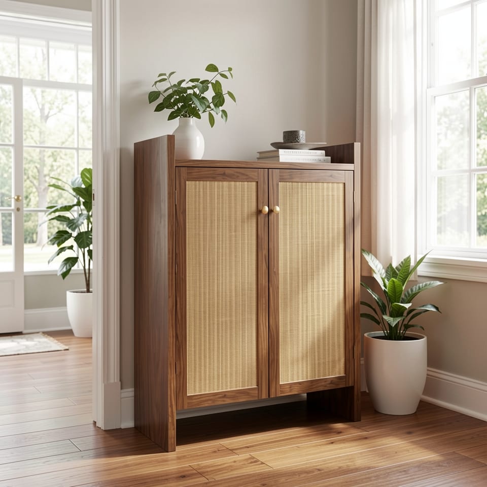 Rattan shoe cabinet with doors in a stylish entryway