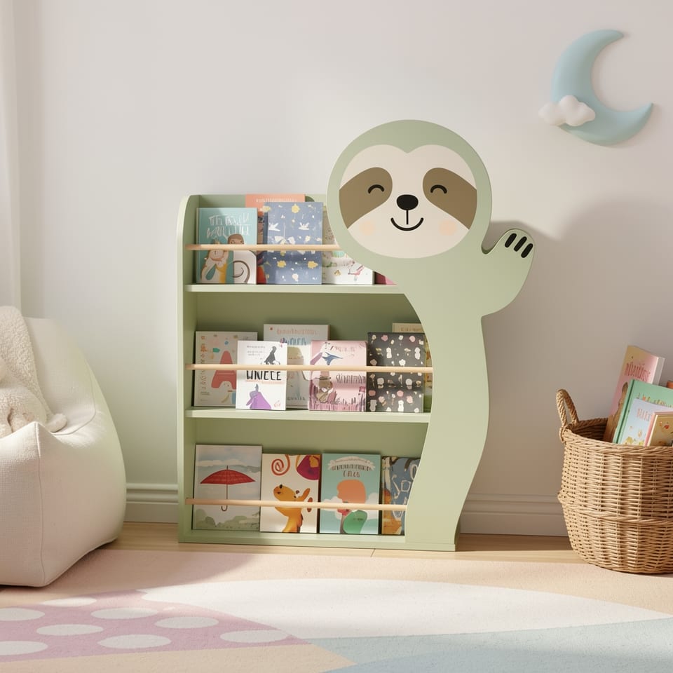 Sloth-shaped bookshelf with books on shelves in a child's room
