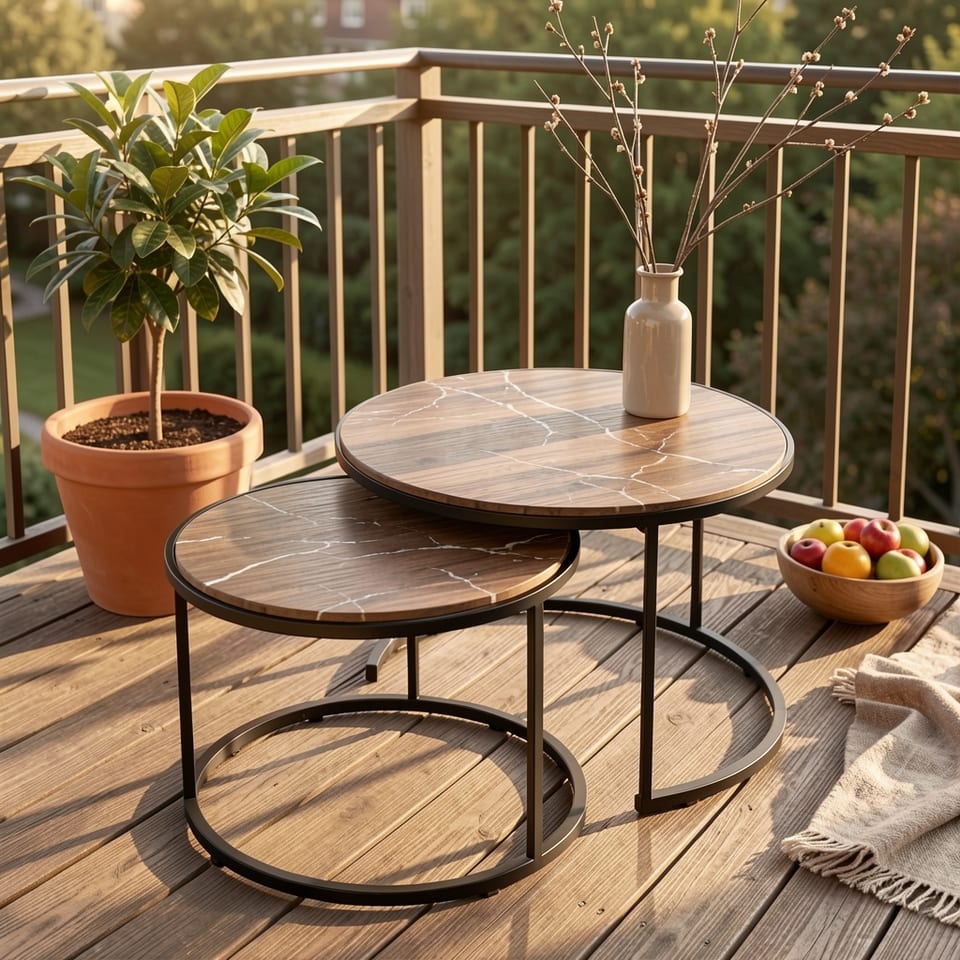 Black nesting coffee table set with marble pattern tops and metal frames