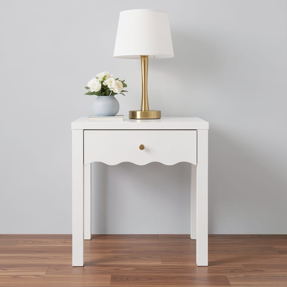 A white nightstand with a wavy apron design and a drawer, next to a bed with white linens.