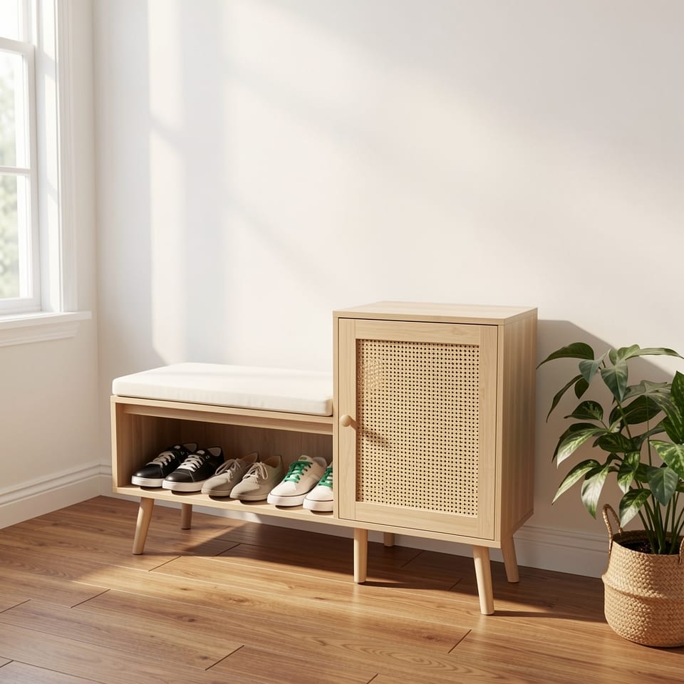 Light brown shoe storage bench with white cushion and rattan door.