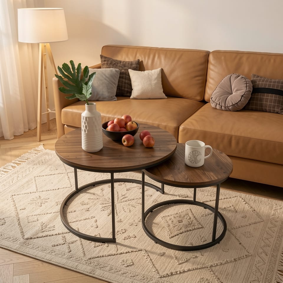 Nesting coffee table set with wooden tops and metal frames on a rug in front of a couch.