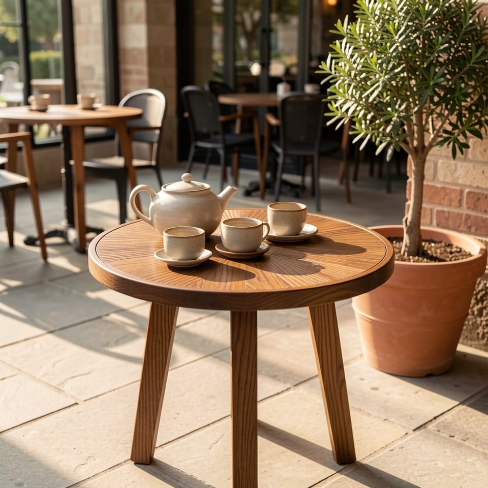 Elegant vintage pedestal end table with round wooden top and black base