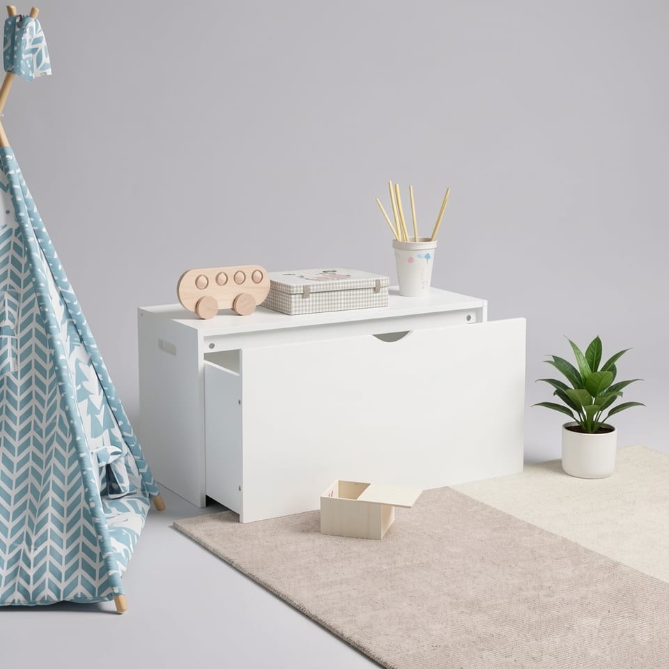 Wooden toy storage organizer with rolling drawer in a child's playroom