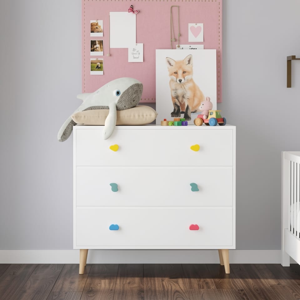 White 3-drawer dresser with colorful knobs in a child's room
