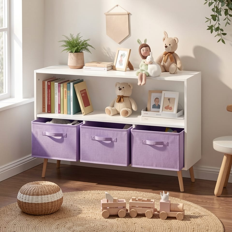 A white and purple children's bookcase with fabric drawers