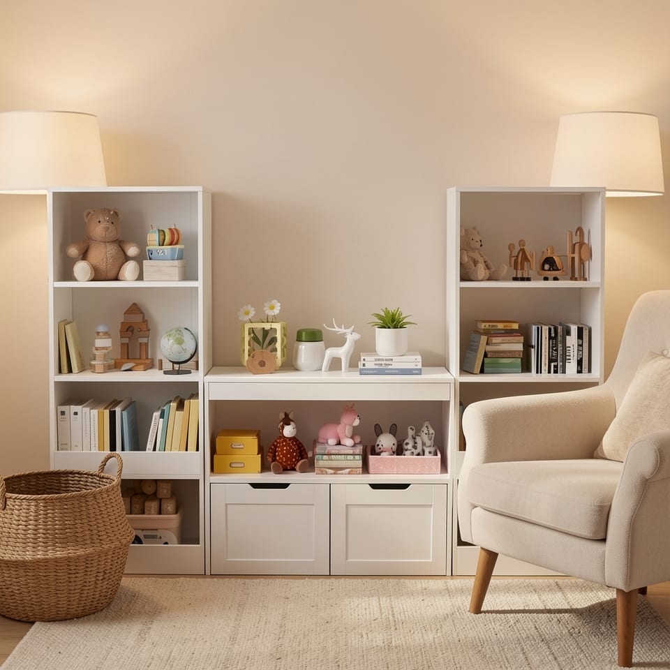 White book organizer with toys and books on shelves